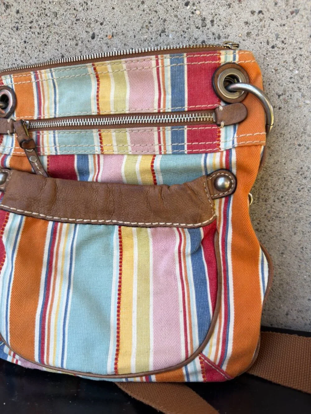 FOSSIL COLORFUL STRIPED CANVAS CROSSBODY SHOULDER BAG PURSE LEATHER TRIM